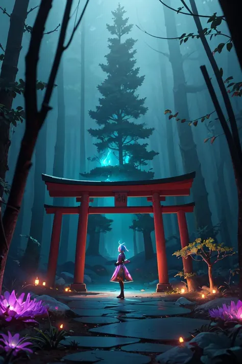 A captivating Japanese torii gate, standing tall amidst an enchanted bioluminescent forest that emanates ethereal beauty and a touch of magic. This mesmerizing scene is inspired by the unique style of Cathleen McAllister, blending elements of realism and fantasy. The torii gate is illuminated by the soft, enchanting glow of bioluminescent bugs, creating a wondrous and otherworldly atmosphere. The digital artwork is a testament to the artist's creativity and attention to detail, transporting viewers to a world of enchantment and awe. The color scheme features a mesmerizing array of luminescent hues, adding to the magical allure of the forest. Skillfully using digital art techniques, the artist brings the scene to life, evoking a sense of wonder and inviting viewers to immerse themselves in this enchanting realm.(octane render, unreal engine 5)