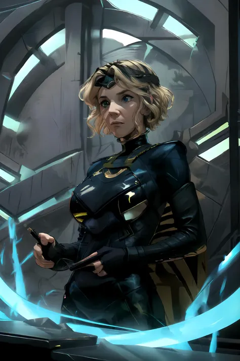 ((warlock and boobs)), comic book style, <lora:sylvie:1.4> 5ylv13, 1girl,   solo, upper body, looking down, detailed background, detailed face,  concetrating, techno-wizard,  movement, [magic|technology], melding of spellcraft and engineering, Golden Blonde intricate [wizard clothes|mechanical gear], mechanical glyphs, gadgets, magical circlet,  [electric sparks|magical portal], [elemental manipulation   [scientific|mystical] aura, futuristic planet in background,  glowing Old burgundy lights,