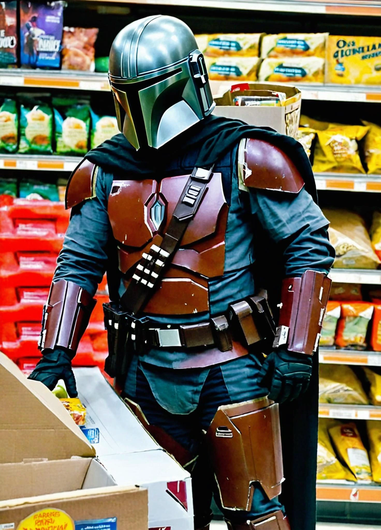 Casual photo of the Mandalorian taking an item off a grocery store shelf, Mandalorian style <lora:Mandalorian style:0.8>