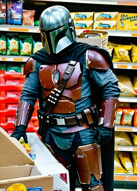 Casual photo of the Mandalorian taking an item off a grocery store shelf, Mandalorian style <lora:Mandalorian style:0.8>