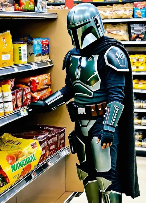 Casual photo of the Mandalorian taking an item off a grocery store shelf, Mandalorian style <lora:Mandalorian style:0.8>