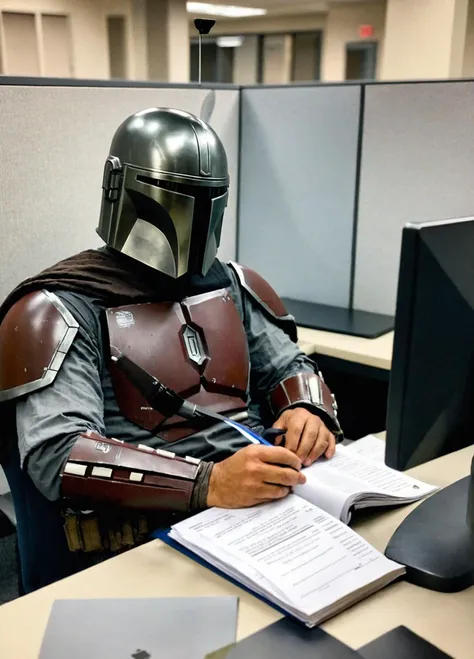 Casual photo of the Mandalorian sitting in an office cubicle doing work, Mandalorian style <lora:Mandalorian style:0.8>