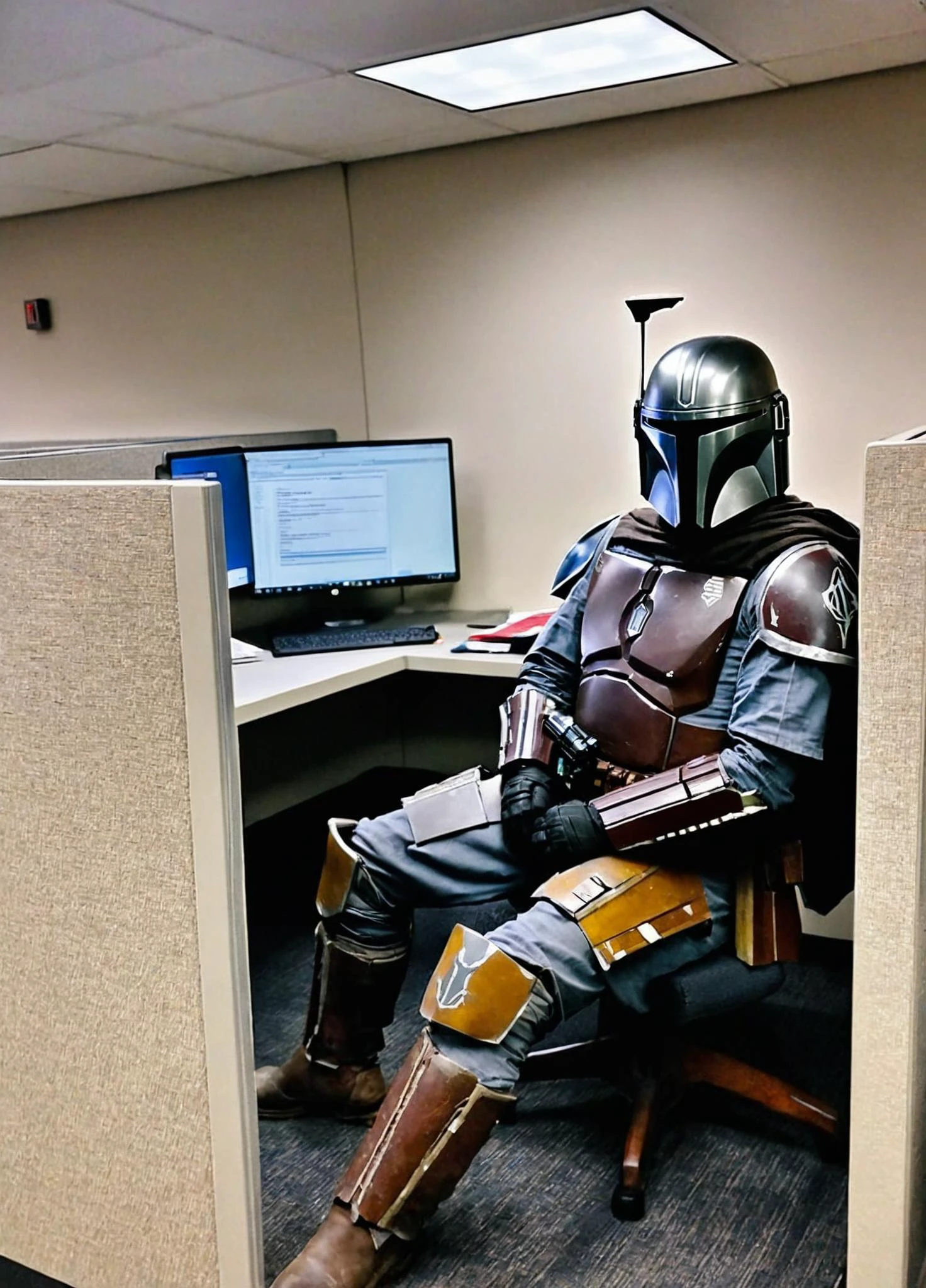 Casual photo of the Mandalorian sitting in an office cubicle doing work, Mandalorian style <lora:Mandalorian style:0.8>