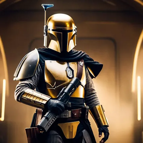 cinematic film still of <lora:Mandalorian style:1.2>
in star wars universe a man in a golden helmet holding a weapon Mandalorian style, shallow depth of field, vignette, highly detailed, high budget, bokeh, cinemascope, moody, epic, gorgeous, film grain, grainy