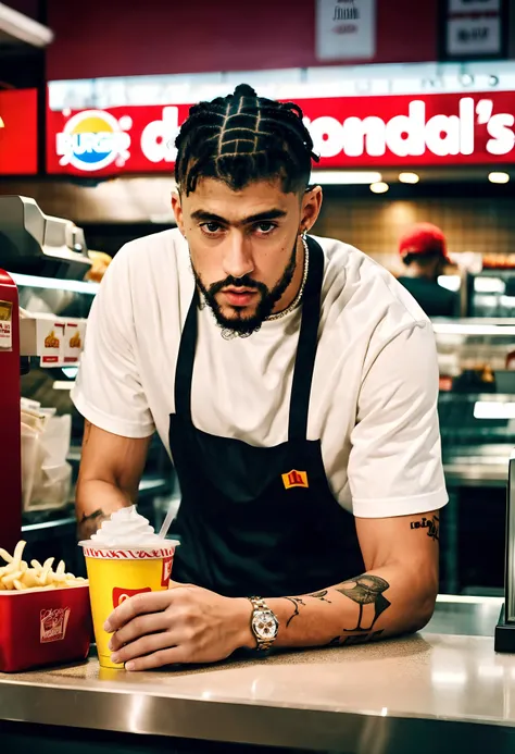cinematic photo badbunny a man working at a super market in the collection box, <lora:badbunny-000006:1>, rolex watch, raw phot . 35mm photograph, film, bokeh, professional, 4k, highly detailed