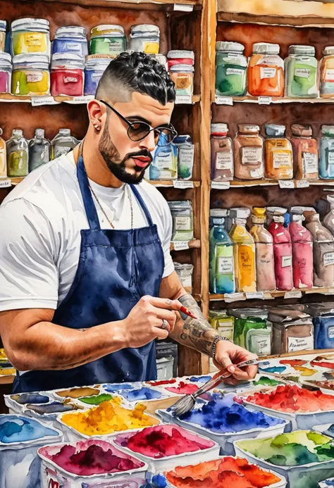 Watercolor painting badbunny a man working in a store, <lora:badbunny:0.5> . Vibrant, beautiful, painterly, detailed, textural, artistic