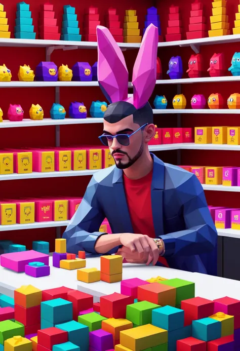 low-poly style badbunny a man working in a store, <lora:badbunny:0.5> . low-poly game art, polygon mesh, jagged, blocky, wireframe edges, centered composition
