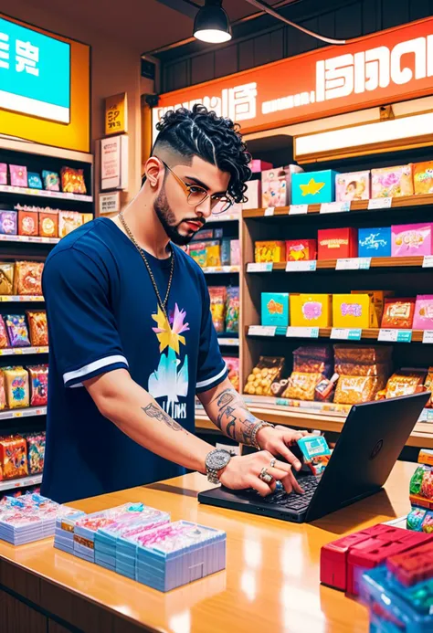anime artwork badbunny a man working in a store, <lora:badbunny:0.5> . anime style, key visual, vibrant, studio anime, highly detailed