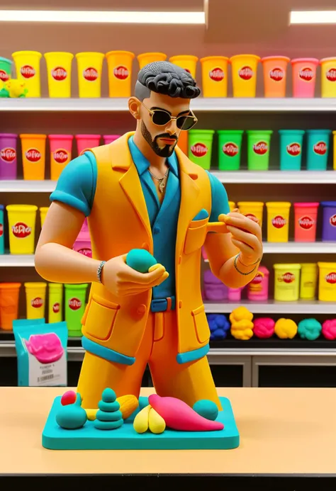 play-doh style badbunny a man working in a store,  <lora:badbunny:0.5>  . sculpture, clay art, centered composition, Claymation