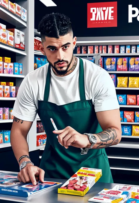 Advertising poster style badbunny a man working in a store, <lora:badbunny:0.5> . Professional, modern, product-focused, commercial, eye-catching, highly detailed