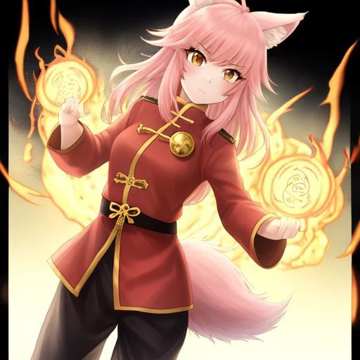 1girl, Chii (Murenase Seton Gakuen) a pink-haired girl, with fluffy wolf ears and tail, golden eyes, with a serious expression, wearing a red and black suit, a uniform that resembles the ancient armor of the Chinese dynasty, which has a golden border, the emblem of fire (Avatar the last airbender) engraved, making fire and blue lightning with his hands