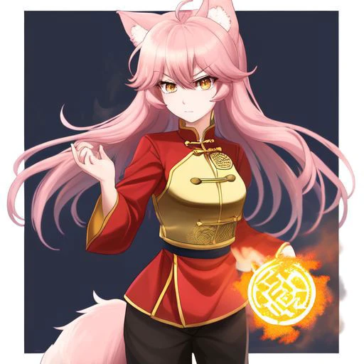 1girl, Chii (Murenase Seton Gakuen) a pink-haired girl, with fluffy wolf ears and tail, golden eyes, with a serious expression, wearing a red and black suit, a uniform that resembles the ancient armor of the Chinese dynasty, which has a golden border, the emblem of fire (Avatar the last airbender) engraved, making fire and blue lightning with his hands