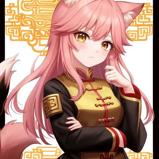 1girl, Chii (Murenase Seton Gakuen) a pink-haired girl, with fluffy wolf ears and tail, golden eyes, with a serious expression, wearing a red and black suit, a uniform that resembles the ancient armor of the Chinese dynasty, which has a golden border, the emblem of fire (Avatar the last airbender) engraved, making fire and blue lightning with his hands