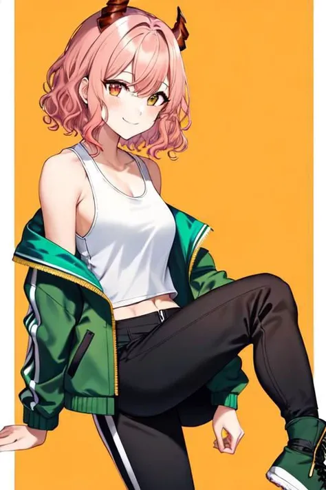 masterpiece, best quality, High quality, ultra detailed, 1 girl, solo, fair skin, small white horns, BREAK ((GREEN jacket. tank top, black  knee high pants)), BREAK (((wavy hair,short hair, pink hair))), BREAK ((orange eyes)), BREAK toned body, abs (((simple background, white background))), looking at viewer, big breasts, standing, cowboy shot, full body view, smile