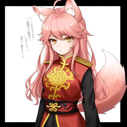 1girl, Chii (Murenase Seton Gakuen) a pink-haired girl, with fluffy wolf ears and tail, golden eyes, with a serious expression, wearing a red and black suit, a uniform that resembles the ancient armor of the Chinese dynasty, which has a golden border, the emblem of fire (Avatar the last airbender) engraved, making fire and blue lightning with his hands