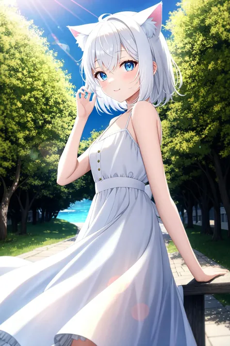 masterpiece, best quality, 1girl, white hair, medium hair, cat ears, looking at viewer, :3, cute, outdoors, nature, summer, sun, dress