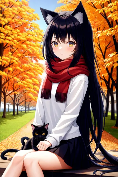 masterpiece, best quality, 1girl, long hair, cat ears, looking at viewer, :3, cute, outdoors, nature, fall, leaves, scarf