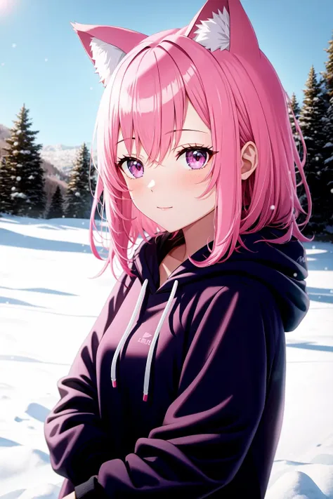 masterpiece, best quality, 1girl, pink-ish hair, medium hair, cat ears, looking at viewer, :3, cute, outdoors, nature, winter, snow, blue hoodie