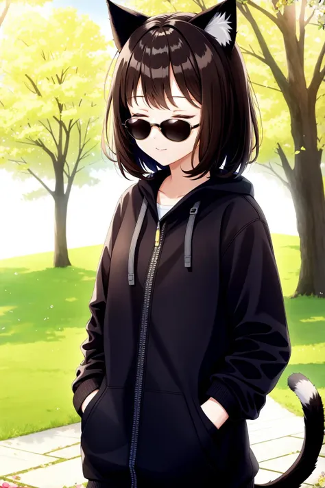 masterpiece, best quality, 1girl, dark-brown hair, medium hair, cat ears, tail, closed eyes, looking at viewer, :3, cute, outdoors, nature, spring, flowers, hands in pockets