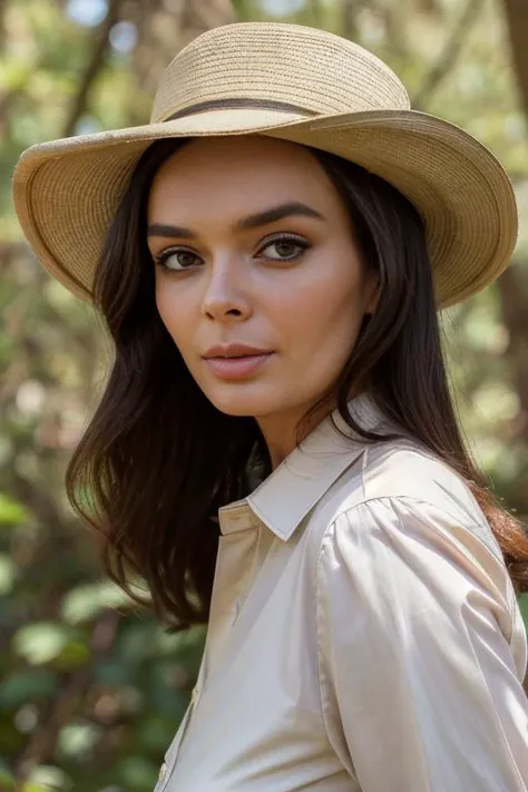 BarSt3TTXV1B,
a beautiful woman posing for masterpiece photo, wearing a hat and a white shirt in a forest area with trees in the background and a bush, (safari setting:1.3),
(professional photo shooting), (high buget photo), (extremely detailed skin), (flawless skin), (model pose), (highly detailed facial features),
(perfect color grading), (High-quality textures and materials), (perfect setup and environments:1.9), (accurate light and shadow effects), (perfect visual quality),
(natural light), (high quality photography), (intricate details), (8k), (HDR), (sharp focus), (close-up portrait:1.2)
