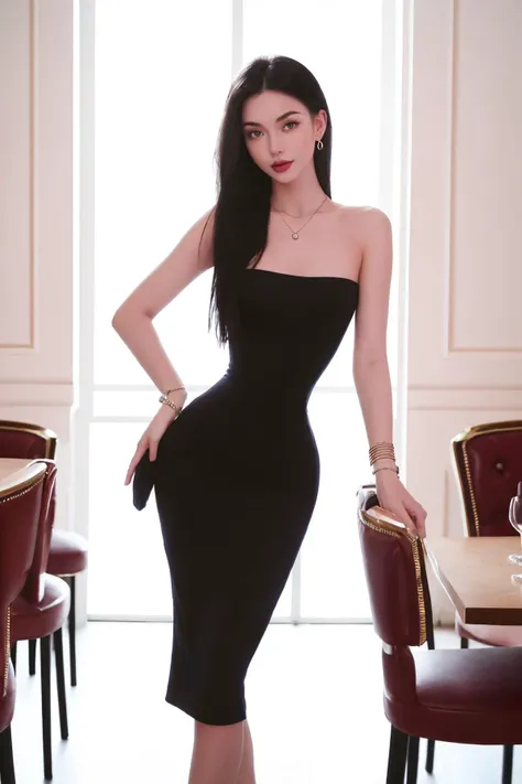 silhouette style <lora:longdressV6-step00004000:1> l0ngdr3ss, ((black l0ngdr3ss)), 1 asian girl, cute, thin jaw line,petite body, long legs, narrow waist, pale skin, black eyes, long black hair, gazing at viewer,jewelry, loop earrings, bracelet, necklace; smile, parisian restaurant, warm lights, crowd,
high contrast, minimalistic, black and white, stark, dramatic
