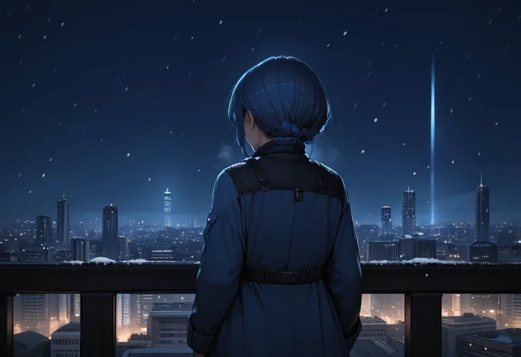 score_9, score_8_up, source_anime, 1girl, cowboy shot, rule of thirds, composition, cinematic, very wide shot, night, night sky, skyline, cityscape, snowing, looking away, from behind, cinematic, cold lighting, blue theme, dark theme, silhouette,