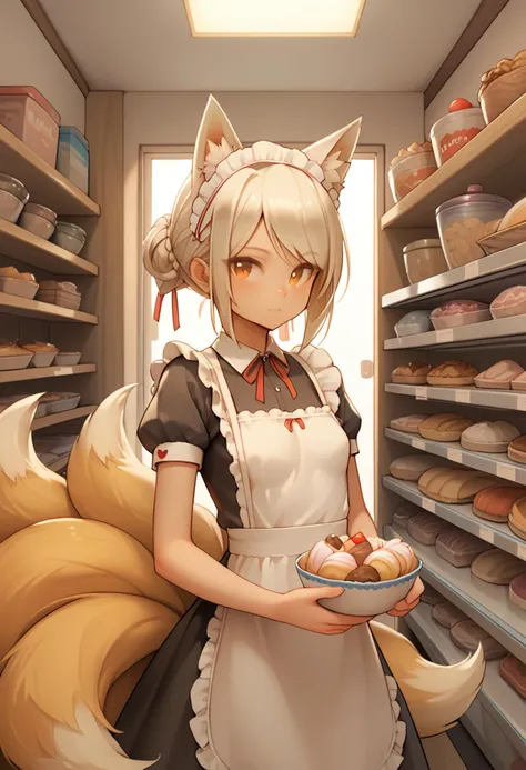 score_9, score_8_up, 1girl, cute, solo, symmetry, straight on, upper body, fox ears, fox tail, kyuubi, multiple tails, small breasts, animal ear fluff, (ear tufts:1.2), maid, pastry, shop, standing, old shop, old interior, cozy, comfy, soft lighting, warm lighting