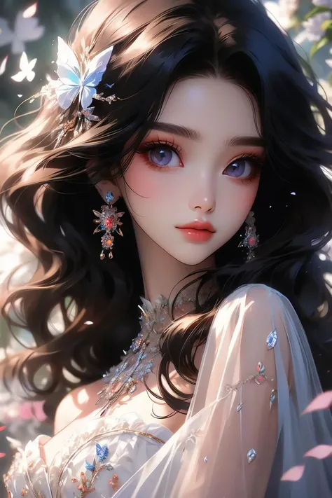 masterpiece, best quality, 1girl, solo, black hair, medium hair, (butterfly_top:0.8), edgCrystal, wearing a ([dress made of crystals,edgCrystal| butterfly_top, butterfly design embroidery]::0.5), upper body, looking at viewer, beautiful face, beautiful eyes, <lora:edg_CrystalButterfly:1>, outdoors, flowers garden, flying petals