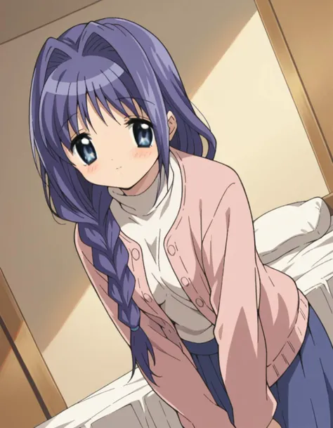 score_9, score_8_up, score_7_up, source_anime,
akikominase, <lora:akiko-minase-remake-ponyxl-lora-nochekaiser:1>,
akiko minase, braid, braided ponytail, hair intakes, hair over shoulder, long hair, single braid, purple hair, blue eyes,
cardigan, long sleeves, pink cardigan, long sleeves, turtleneck, shirt, white shirt, skirt, blue skirt,
indoors, bed, bed room, on side, blush, drunk,
solo, looking at viewer, cowboy shot, dutch angle,