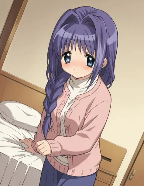 score_9, score_8_up, score_7_up, source_anime,
akikominase, <lora:akiko-minase-remake-ponyxl-lora-nochekaiser:1>,
akiko minase, braid, braided ponytail, hair intakes, hair over shoulder, long hair, single braid, purple hair, blue eyes,
cardigan, long sleeves, pink cardigan, long sleeves, turtleneck, shirt, white shirt, skirt, blue skirt,
indoors, bed, bed room, on side, blush, drunk,
solo, looking at viewer, cowboy shot, dutch angle,
