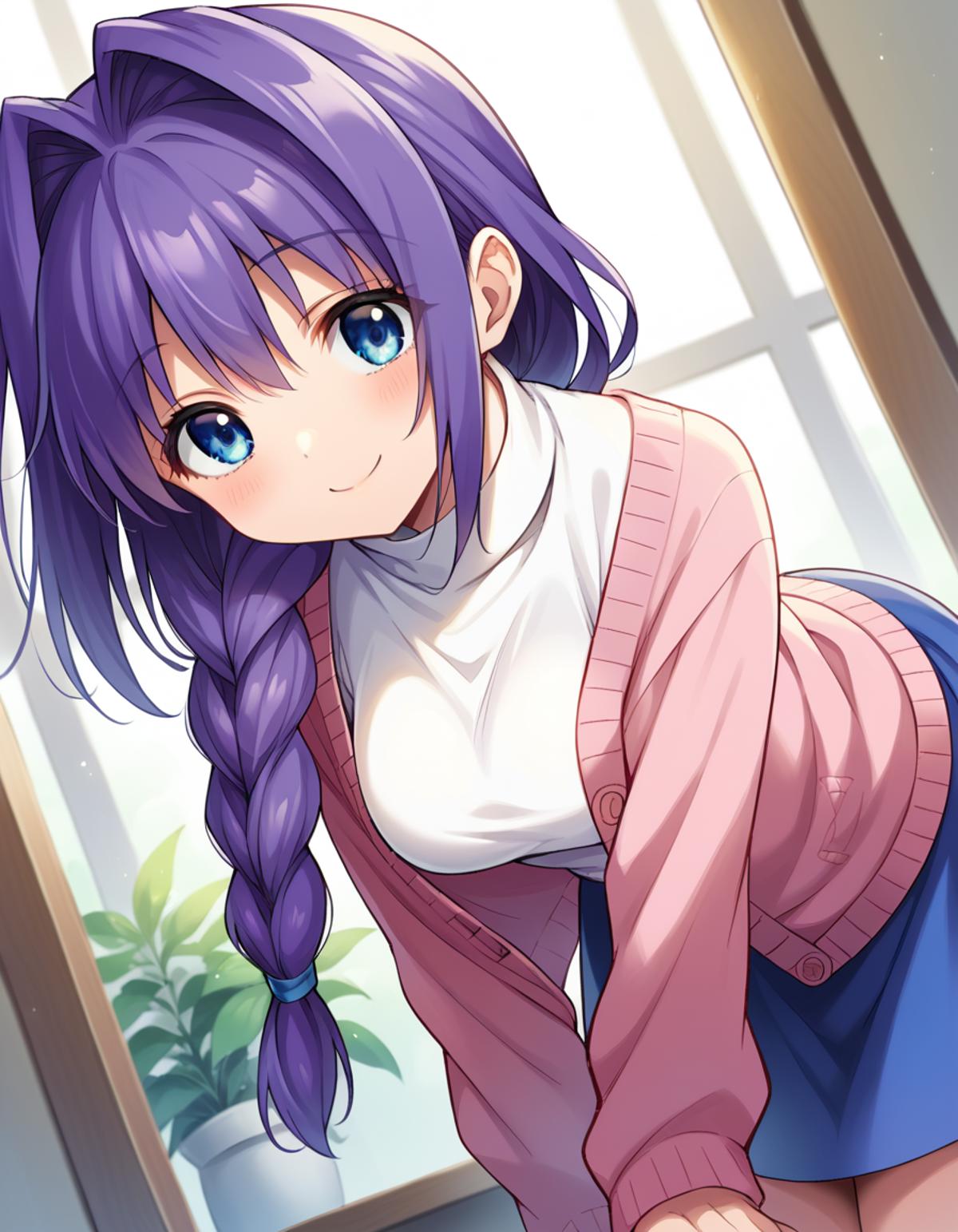 Anime girl with purple hair and blue eyes posing in front of a window ...
