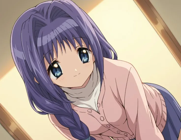 score_9, score_8_up, score_7_up, source_anime,
akikominase, <lora:akiko-minase-remake-ponyxl-lora-nochekaiser:1>,
akiko minase, braid, braided ponytail, hair intakes, hair over shoulder, long hair, single braid, purple hair, blue eyes,
cardigan, long sleeves, pink cardigan, long sleeves, turtleneck, shirt, white shirt, skirt, blue skirt,
indoors, bent over, smile,
solo, looking at viewer, cowboy shot, dutch angle,
