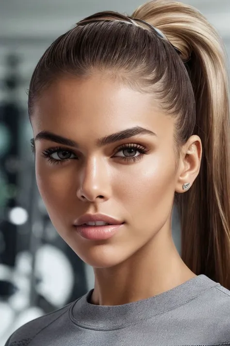 closeup headshot of S237_VikiOdintcova,a beautiful woman,in a (gym),wearing a (crewneck:1.1),(ponytail),(8k, RAW photo, best quality, depth of field, ultra high res:1.1),(absurdres, intricate, photorealistic, masterpiece, ultra-detailed:1.2),
