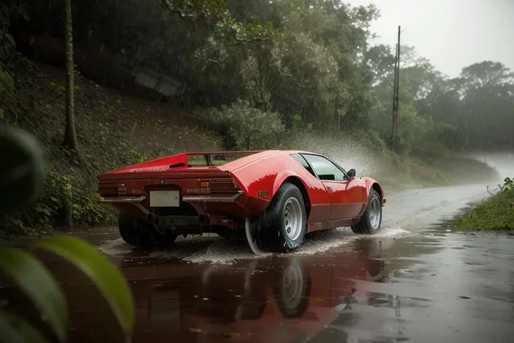 analog gloomy photo of a red Pantera car,  <lora:p4nt3r4:0.9>, escaping through the jungle ((at night)), ((heavy rain)), ((nighttime)),  splashing, skidding, high speed, tropical storm, lightning, sports photography, High Detail, Sharp focus, (photorealism), realistic, best quality, 8k, award winning, dramatic lighting, epic, cinematic, masterpiece, rim light, ambient fog:1.3, dutch angle, wide angle lens, skinny shutter,