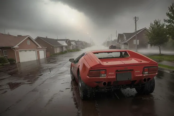 analog gloomy photo of a red Pantera car,  <lora:p4nt3r4:0.9>, escaping the town, american dream suburbs, ((at night)), police chase, helicopter spotlight, ((heavy rain)), ((nighttime)),  splashing, horror movie, High Detail, Sharp focus, (photorealism), realistic, best quality, 8k, award winning, dramatic lighting, epic, cinematic, masterpiece, rim light, ambient fog:1.3, dutch angle, wide angle lens, skinny shutter,