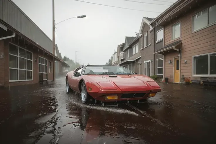 analog gloomy photo of a red Pantera car, <lora:p4nt3r4:0.9>, escaping the town, american dream suburbs, ((at night)), drifting, sliding, ((heavy rain)), ((nighttime)), splashing, horror movie, High Detail, Sharp focus, (photorealism), realistic, best quality, 8k, award winning, dramatic lighting, epic, cinematic, masterpiece, rim light, ambient fog:1.3, dutch angle, wide angle lens, skinny shutter,