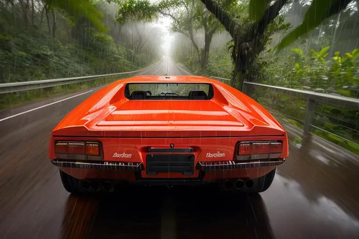 analog gloomy photo of a red Pantera car, <lora:p4nt3r4:1>, tinted glass, driving through the jungle (at night), ((heavy rain)), ((nighttime)), helicopter spotlight, police chase, High Detail, Sharp focus, (photorealism), realistic, best quality, 8k, award winning, dramatic lighting, epic, cinematic, masterpiece, rim light, ambient fog:1.2, summertime, heat distortion, black birds, epic, dutch angle, wide angle lens,