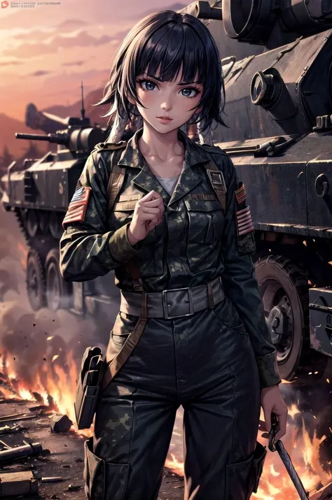 (masterpiece, best quality, detailed), 1girl, solo, looking at viewer,
<lora:bleach_soifon-10:1>, soifon, black hair, <lora:camouflage_uniform04:0.7>, wearing camouflage_uniform, world war ii, war, military vehicle, battlefield, battle, dust, smoke, burning, fire, red sky, explosion, contrapposto, parted lips, v-shaped eyebrows