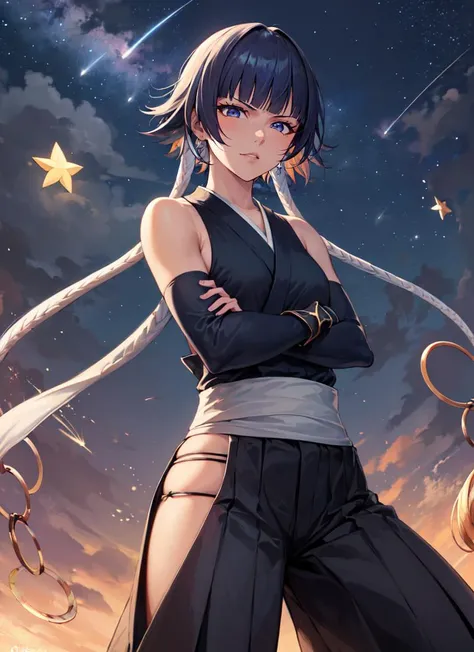 ((best quality)), ((highly detailed)), masterpiece, absurdres, (detailed eyes, deep eyes), (1girl), crossed arms, <lora:bleach_soifon:1>, soifon, small breasts, japanese clothes, sideboob, hip vent, detached sleeves, bare shoulders, fighting stance, (outside, in a castle, midnight, night sky, stars, moonbeam, shooting star)