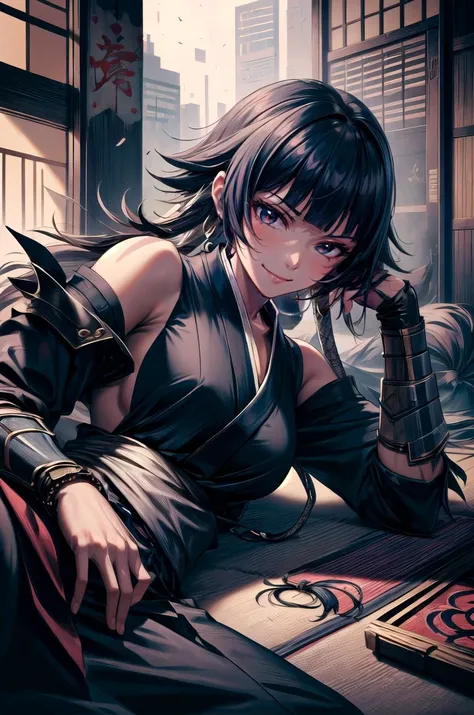 (masterpiece, best quality, detailed), 1girl, solo, looking at viewer, <lora:bleach_soifon:1>, soifon, black hair, <lora:ShinobiTech:1>, shinobitech, shinobi, bulky metal, cyberpunk, indoors, tatami, sliding doors, cushion, lying, on side, head rest, smile, closed mouth, light smile