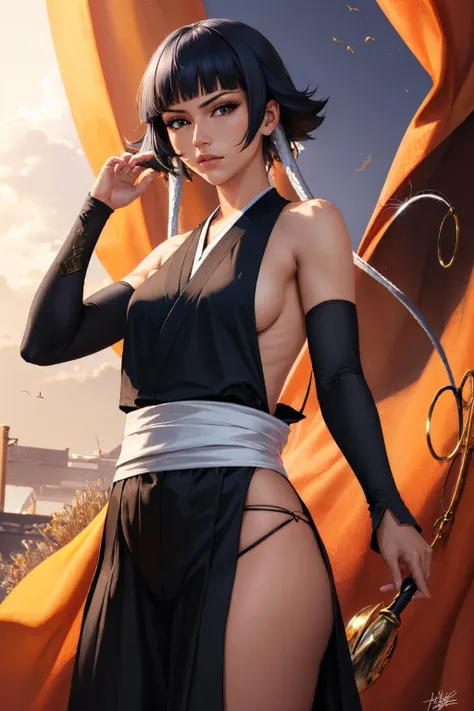 (masterpiece, best quality:1.2), solo, 1girl, soifon, expressionless, looking at viewer, japanese clothes, sideboob, hip vent, detached sleeves, bare shoulders <lora:bleach_soifon:1>