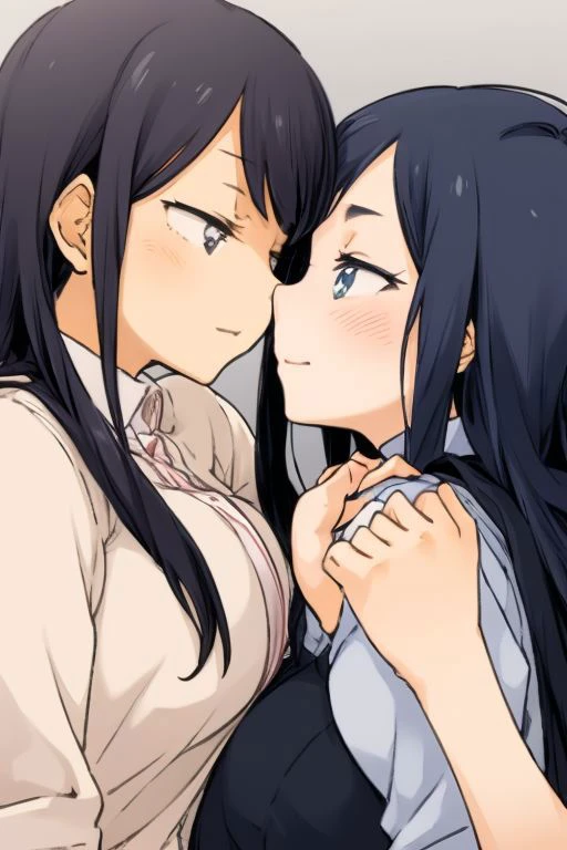 masterpiece, best quality, <lora:KindredSpirits-002:1>, 2 girls yuri moe couple kissing romantic blush long hair, black hair, blue eyes, heart highest quality ahort hair onee-san adult female overalldetail close up age gap, height gap, big breasts, looking at each other holding hands, smile, office lady, suit