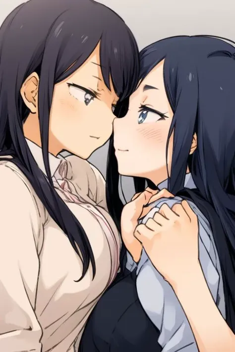 masterpiece, best quality,  <lora:KindredSpirits-002:1>, 2 girls yuri moe couple kissing romantic blush long hair, black hair, blue eyes, heart highest quality ahort hair onee-san adult female overalldetail close up age gap, height gap, big breasts, looking at each other holding hands, smile, office lady, suit