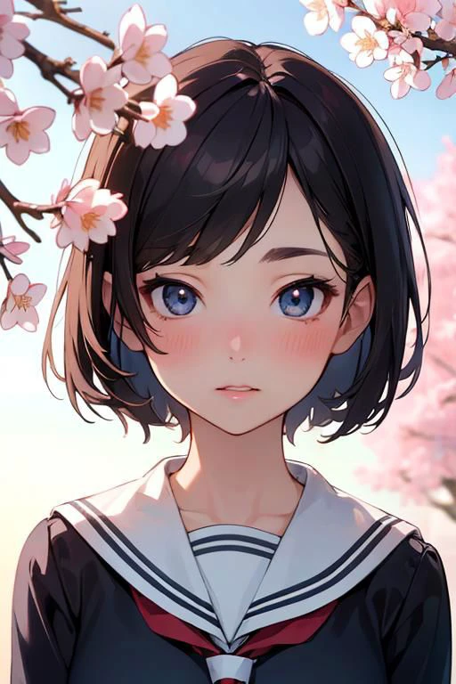 (high quality:1.4), (high resolution:1.3), (incredibly detailed:1.3), cinematic lighting, masterpiece, perfect anatomy, 1woman, school sailor uniform, spring, cherry blossom, detailed short hair, perfect face, perfect eyes, blush,