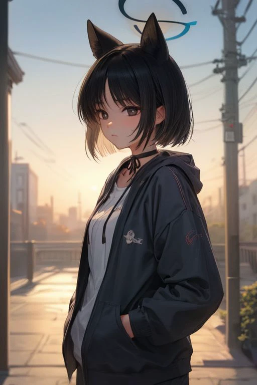 detailed illustration, of a mature chubby woman, pretty face,expressionless, kikyou kiryuu, animal ears, halo, black hair, short hair, choker, hoodie, hands in pocket, outside, gradient sky, skyline, water, city skyline, cinematic lighting, hires, volumetric lighting, highly detailed background, lights and shadows, backlit, masterpiece, <lora:add detail:0.5> <lora:hairdetailer:0.5> <lora:Hoseki_BlueArchive_KikyouKiryuu_v1:0.9>