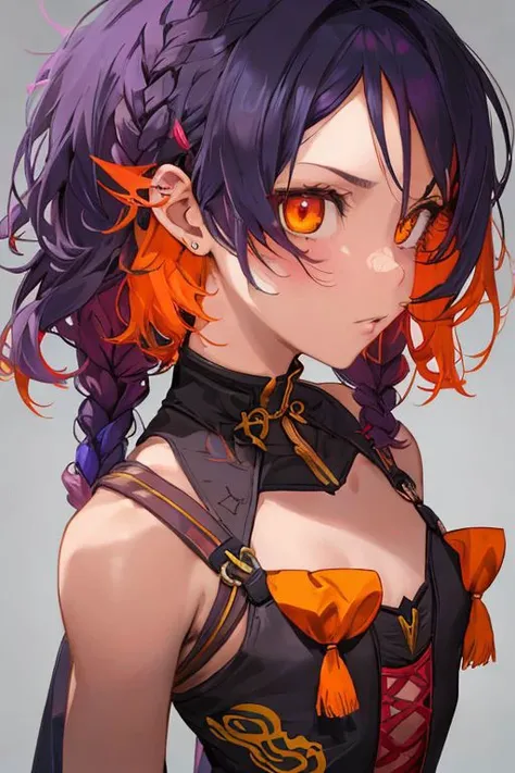 triadic colors, nsfw, high definition photo, ultra detailed skin, ultra detailed face, small skin imperfections, 1girl, Side braid, small boobs, flat chest, Hourglass body, orange eyes, dark violet hair