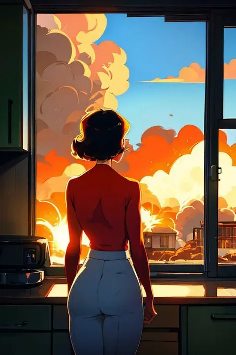 a afroHero (masterpiece, best quality), Female brunette, woman character, (((looking out the window seeing an explosion in the distance in the city, surprise pose, back to the scene))), (comic style artwork with perfect anatomy), perfect body, transparent wet ultrathin white dress shirt unbuttoned, black knee high tights, (black short miniskirt), highly detailed--no outline