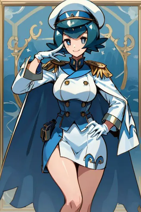 ((Masterpiece)), solo, high quality, lana_pokemon, very tall woman, eyelashes, wide hips, seductive, Navy Uniform, long legs, long torso, blueish eyes, white gloves, smile, blue hair, short hair, white cape, white military uniform, white sleeves, white peaked cap, epaulettes, white skirt, bar