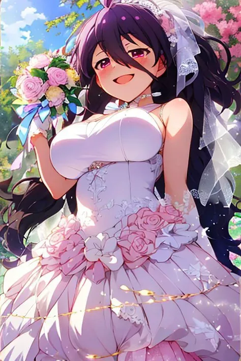 (masterpiece, best quality), highly detailed background, perfect lightingbest quality, tsubuzakianko, solo, outdoors, bridal veil, purple hair, antenna hair, hair between eyes, wavy hair, very long hair, pink eyes, gigantic breasts, wedding dress, white dress, white gloves, frilled skirt, smile, open mouth, :d, pink lips, <lora:Tsubuzaki-Anko:0.7>