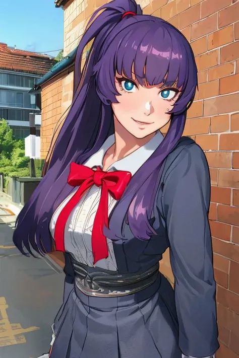 Saaya,purple hair,blue eyes,ponytail,bangs,
black school uniform,red ribbon,fingerless gloves,
solo,upper body,smile,standing,
schoolyard,morning,
(insanely detailed, beautiful detailed face, masterpiece, best quality),<lora:Saaya:0.8>,